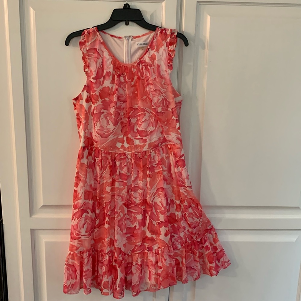 Calvin Klein Pink chiffon sleeveless dress; pink floral; fit and flare; size 12